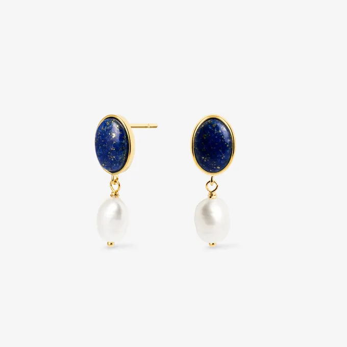 KOLCZYKI Z LAPIS LAZULI; I PERŁAMI, SREBRNE POZŁACANE