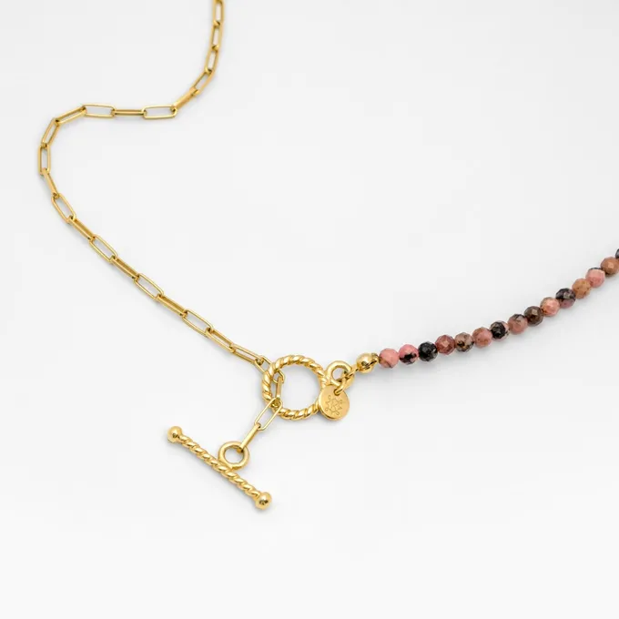 Choker z rodonitem; srebrny pozłacany
