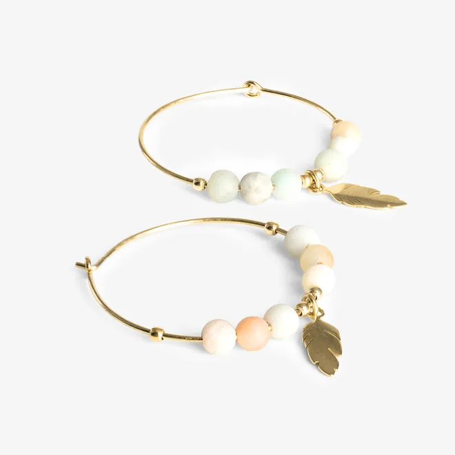 Kolczyki koła z piórkiem; z amazonitem, srebrne pozłacane