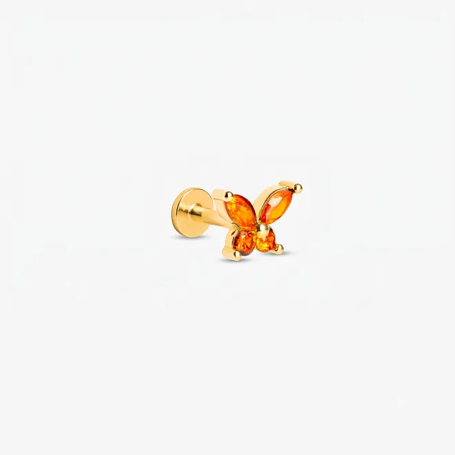 Kolczyk motyl z pomarańczowymi cyrkoniami 9,3 mm; srebrny pozłacany