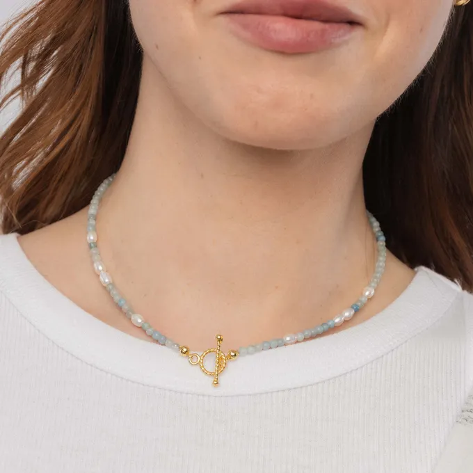 Choker z akwamarynem; i perłami srebrny pozłacany