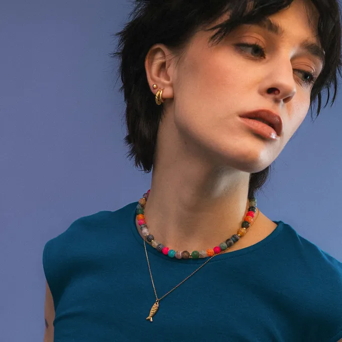 Choker z kolorowego agatu trawionego 8 mm; srebrny pozłacany